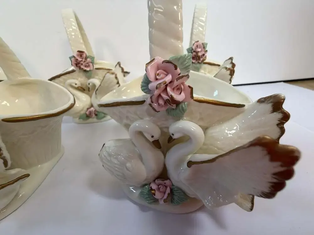 Set of 6 Berkeley Designs Porcelain Swan Baskets with Pink Roses